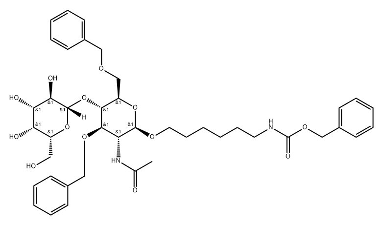 Carbamic acid, 6-2-(acetylamino)-2-deoxy-4-O-.beta.-D-galactopyranosyl-3,6-bis-O-(phenylmethyl)-.beta.-D-glucopyranosyloxyhexyl-, phenylmethyl ester 结构式