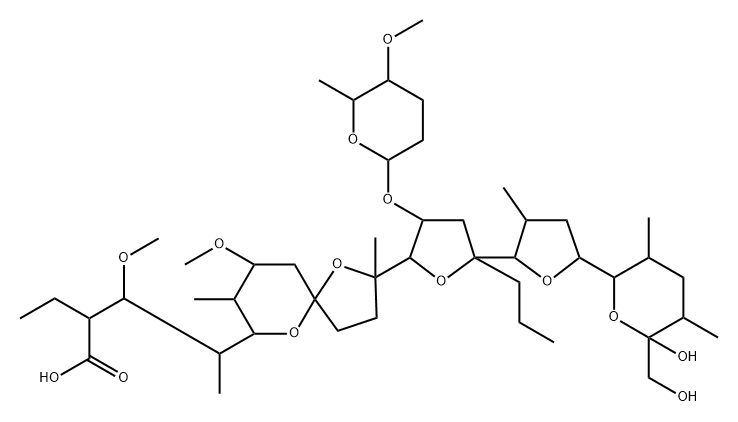Monensin, 2-demethyl-16-deethyl-2-ethyl-7-O-methyl-16-propyl-14-[[(2S,5S,6R)-tetrahydro-5-methoxy-6-methyl-2H-pyran-2-yl]oxy]-, (14R)- (9CI) 结构式