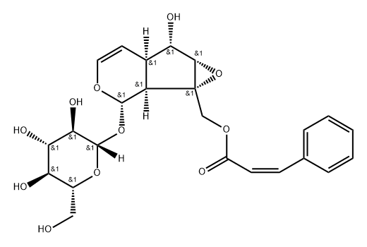 [(1aS)-1a,1bα,2,5aα,6,6aβ-Hexahydro-6α-hydroxy-1a-[(cis-cinnamoyloxy)methyl]oxireno[4,5]cyclopenta[1,2-c]pyran-2α-yl]β-D-glucopyranoside 结构式