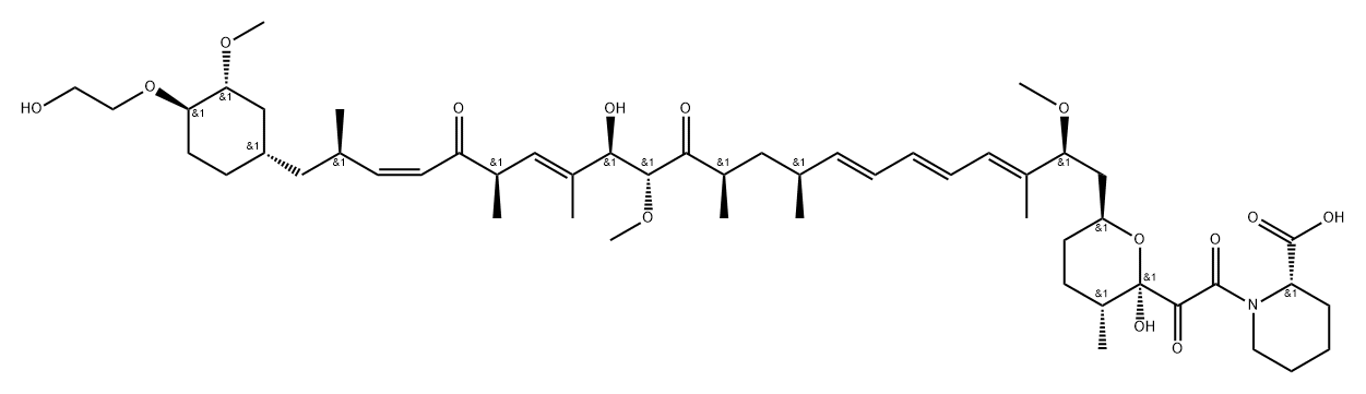 2-Piperidinecarboxylic acid, 1-[2-oxo-2-[(2R,3R,6S)-tetrahydro-2-hydroxy-6-[(2S,3E,5E,7E,9S,11R,13R,14R,15E,17R,19Z,21R)-14-hydroxy-22-[(1S,3R,4R)-4-(2-hydroxyethoxy)-3-methoxycyclohexyl]-2,13-dimethoxy-3,9,11,15,17,21-hexamethyl-12,18-dioxo-3,5,7,15,19-docosapentaen-1-yl]-3-methyl-2H-pyran-2-yl]ace... 结构式