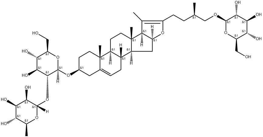 (3β,25R)-26-(β-D-Glucopyranosyloxy)furosta-5,20(22)-dien-3-yl 2-O-(6-deoxy-α-L-mannopyranosyl)-β-D-glucopyranoside 结构式