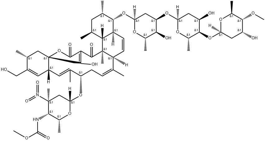 18H-16a,19-Metheno-16aH-benzo[b]naphth[2,1-j]oxacyclotetradecin-18,20(1H)-dione, 4-[(O-2,6-dideoxy-4-O-methyl-β-L-ribo-hexopyranosyl-(1→4)-O-2,6-dideoxy-α-L-ribo-hexopyranosyl-(1→3)-2,6-dideoxy-α-L-ribo-hexopyranosyl)oxy]-2,3,4,4a,6a,9,10,12a,15,16,20a,20b-dodecahydro-21-hydroxy-14-(hydroxymethyl)-1,3,7,11,15,20a-hexamethyl-10-[[2,3,4,6-tetradeoxy-4-[(methoxycarbonyl)amino]-3-C-methyl-3-nitro-β-D-xylo-hexopyranosyl]oxy]-, (1S,3S,4S,4aS,6aS,7E,10S,11E,12aS,15R,16aS,20aS,20bR)- 结构式
