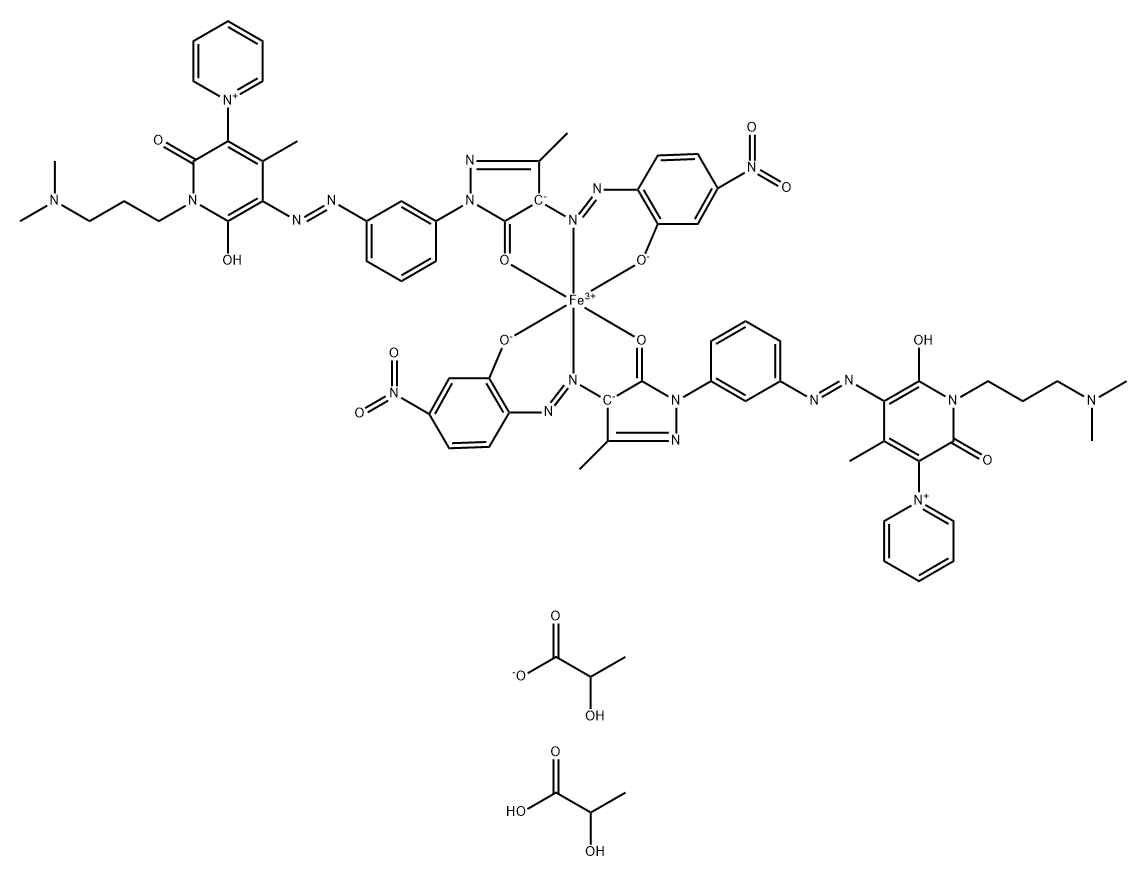 二[5'-[[3-[4,5-二氢-4-[(2-羟基-4-硝基苯基)偶氮]-3-甲基-5-氧代-1H-吡唑-1-基]苯基]偶氮]-1'-[3-(二甲基氨基)丙基]-1',2'-二氢-6'-羟基-4'-甲基-2'-氧代-1,3'-联吡啶]铁 2-羟基丙酸盐(1:1) 二(2-羟基丙酸)盐 结构式