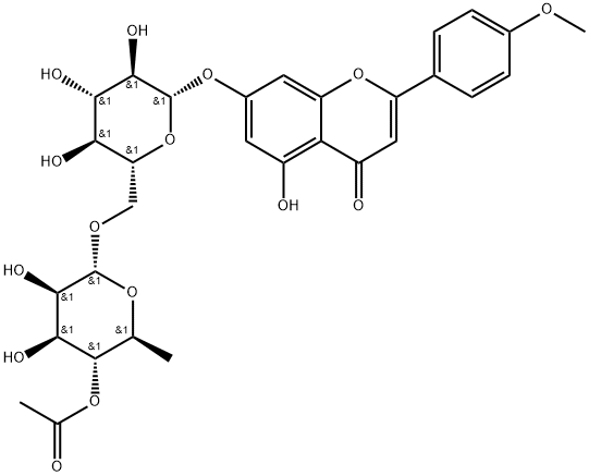 4H-1-Benzopyran-4-one, 7-[[6-O-(4-O-acetyl-6-deoxy-α-L-mannopyranosyl)-β-D-glucopyranosyl]oxy]-5-hydroxy-2-(4-methoxyphenyl)- 结构式
