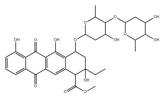 1-Naphthacenecarboxylic acid, 4-((2,6-dideoxy-4-O-(2,6-dideoxy-alpha-L -lyxo-hexopyranosyl)-alpha-L-lyxo-hexopyranosyl)oxy)-2-ethyl-1,2,3,4,6 ,11-hexahydro-2,5,7-trihydroxy-6,11-dioxo-, methyl ester, (1R-(1alpha, 2beta,4beta))- 结构式