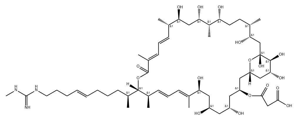 2,3-Didehydro-35-de[11-[[imino(methylamino)methyl]amino]-1,3-dimethyl-7-undecenyl]-28-demethyl-3-deoxy-35-[9-[[imino(methylamino)methyl]amino]-1-methyl-5-nonenyl]-30-methylscopafungin 结构式