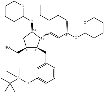 环戊烷甲醇,2-[[3-[[1,1-二甲基乙基)二甲基硅烷基]氧基]苯基]甲基]-4-[(四氢-2H-吡喃-2-基)氧基]-1-辛烯基]-,[1S-[1Α,2Α,3Β(1E,3R*),4Α]] 结构式