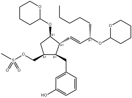 Phenol, 3-[[5-[[(methylsulfonyl)oxy]methyl]-3-[(tetrahydro-2H-pyran-2-yl)oxy]-2-[3-[(tetrahydro-2H-pyran-2-yl)oxy]-1-octenyl]cyclopentyl]methyl]-, [1S-[1α,2β(1E,3R*),3α,5α]]- (9CI) 结构式