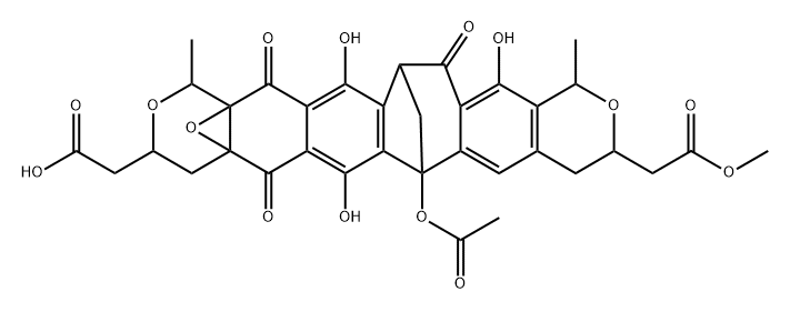 8a,12a-Epoxy-6,15-methano-12H-pyrano[4'',3'':6',7']naphtho[2',3':5,6]cyclohepta[1,2-g]-2-benzopyran-3,10-diacetic acid, 6-(acetyloxy)-1,3,4,6,8,9,10,13,15,16-decahydro-7,14,17-trihydroxy-1,12-dimethyl-8,13,16-trioxo-, α3-methyl ester, (1S,3R,6S,8aR,10R,12S,12aS,15R)- (9CI) 结构式