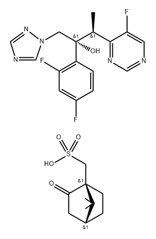 Bicyclo[2.2.1]heptane-1-methanesulfonic acid, 7,7-dimethyl-2-oxo-, (1S,4R)-, compd. with (αR,βS)-α-(2,4-difluorophenyl)-5-fluoro-β-methyl-α-(1H-1,2,4-triazol-1-ylmethyl)-4-pyrimidineethanol (1:1) 结构式