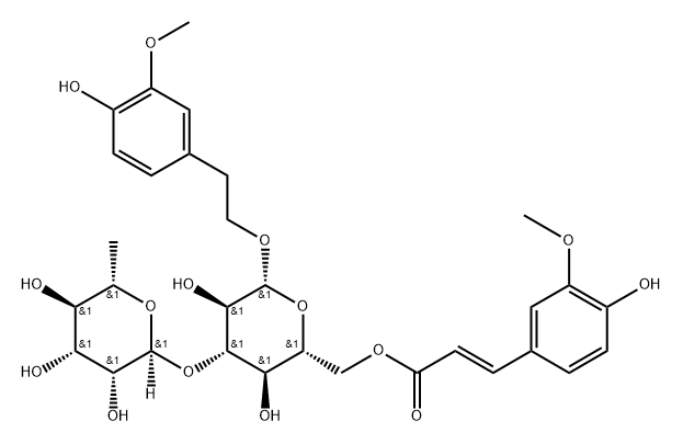 β-D-Glucopyranoside, 2-(4-hydroxy-3-methoxyphenyl)ethyl 3-O-(6-deoxy-α-L-mannopyranosyl)-, 6-[(2E)-3-(4-hydroxy-3-methoxyphenyl)-2-propenoate] 结构式