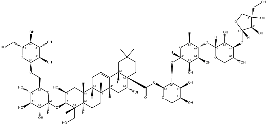 Olean-12-en-28-oic acid, 3-[(6-O-β-D-glucopyranosyl-β-D-glucopyranosyl)oxy]-2,16,23-trihydroxy-, O-D-apio-β-D-furanosyl-(1→3)-O-β-D-xylopyranosyl-(1→4)-O-6-deoxy-α-L-mannopyranosyl-(1→2)-α-L-arabinopyranosyl ester, (2β,3β,4α,16α)- 结构式