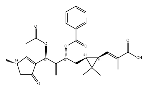 2-Propenoic acid, 3-[(1R,3S)-3-[(2R)-3-[(S)-(acetyloxy)[(3S)-3-methyl-5-oxo-1-cyclopenten-1-yl]methyl]-2-(benzoyloxy)-3-buten-1-yl]-2,2-dimethylcyclopropyl]-2-methyl-, (2E)-rel-(-)- 结构式