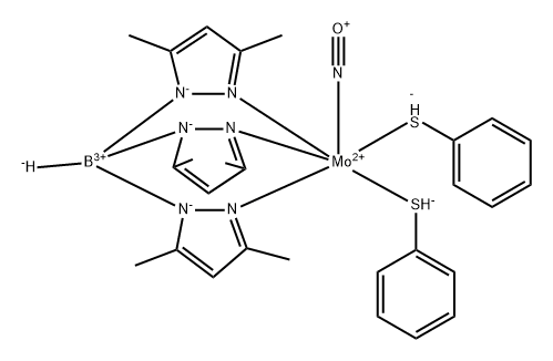 bis(benzenethiolato)nitrosyl(tris(3,5-dimethyl-1-pyrazolyl)hydroborato)molybdenum(II) 结构式