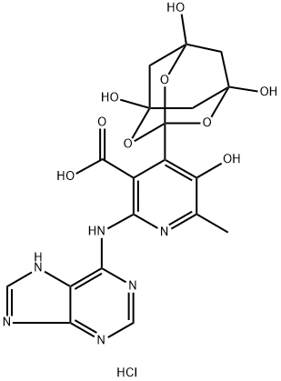3-Pyridinecarboxylic acid, 5-hydroxy-6-methyl-2-(9H-purin-6-ylamino)-4-(1,5,7-trihydroxy-2,4,10-trioxatricyclo[3.3.1.13,7]dec-3-yl)-, hydrochloride (1:1) 结构式