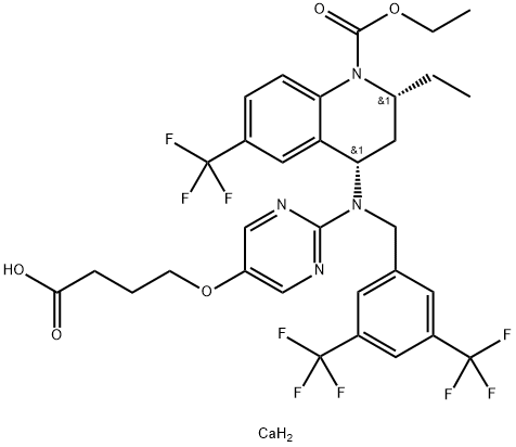 1(2H)-Quinolinecarboxylic acid, 4-[[[3,5-bis(trifluoromethyl)phenyl]methyl][5-(3-carboxypropoxy)-2-pyrimidinyl]amino]-2-ethyl-3,4-dihydro-6-(trifluoromethyl)-, 1-ethyl ester, calcium salt (2:1), (2R,4S)- 结构式