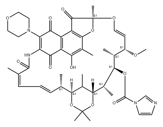 Rifamycin, 25-O-deacetyl-1,4-dideoxy-1,4-dihydro-25-O-(1H-imidazol-1-ylcarbonyl)-21,23-O-(1-methylethylidene)-3-(4-morpholinyl)-1,4-dioxo- 结构式