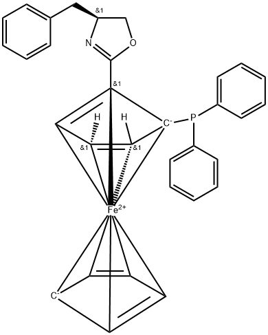 (RP)-1-[(4S)-4,5-二氢-4-苄基-2-噁唑基]-2-(二苯基膦)二茂铁 结构式