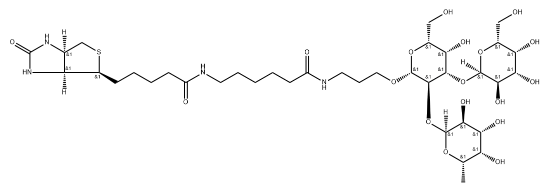 (3AS,4S,6AR)-N-[6-[[3-[(O-6-脱氧-ALPHA-L-吡喃半乳糖基-(1-2)-O-[ALPHA-D-吡喃半乳糖基-(1-3)]-BETA-D-吡喃半乳糖基)氧基]丙基]氨基]-6-氧代己基]六氢-2-氧代-1H-噻吩并[3,4-D]咪唑-4-戊酰胺 结构式