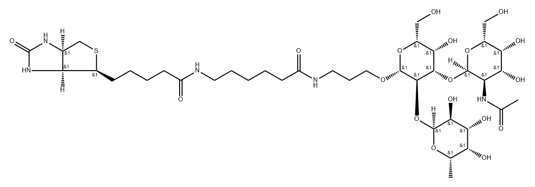 (3AS,4S,6AR)-N-[6-[[3-[[O-2-(乙酰氨基)-2-脱氧-ALPHA-D-吡喃半乳糖基-(1-3)-O-[6-脱氧-ALPHA-L-吡喃半乳糖基-(1-2)]-BETA-D-吡喃半乳糖基]氧基]丙基]氨基]-6-氧代己基]六氢-2-氧代-1H-噻吩并[3,4-D]咪唑-4-戊酰胺 结构式