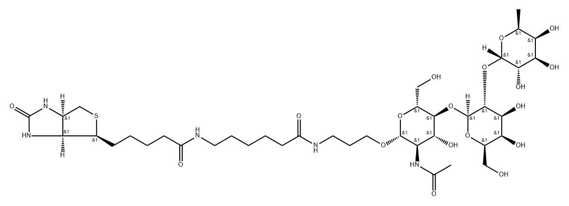 (3AS,4S,6AR)-N-[6-[[3-[[O-6-脱氧-ALPHA-L-吡喃半乳糖基-(1-2)-O-BETA-D-吡喃半乳糖基-(1-4)-2-(乙酰氨基)-2-脱氧-BETA-D-吡喃葡萄糖基]氧基]丙基]氨基]-6-氧代己基]六氢-2-氧代-1H-噻吩并[3,4-D]咪唑-4-戊酰胺 结构式
