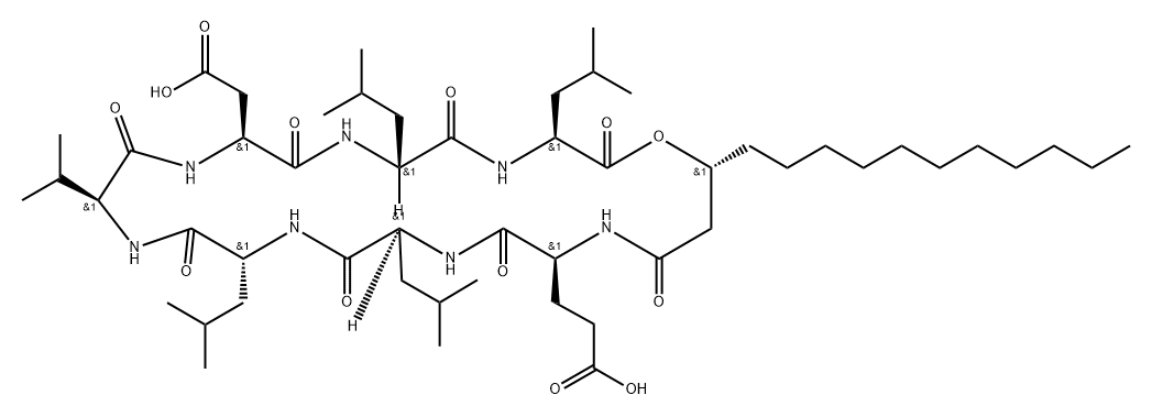 Cyclo[L-α-aspartyl-D-leucyl-L-leucyl-(3R)-3-hydroxytetradecanoyl-L-α-glutamyl-L-leucyl-D-leucyl-L-valyl] 结构式