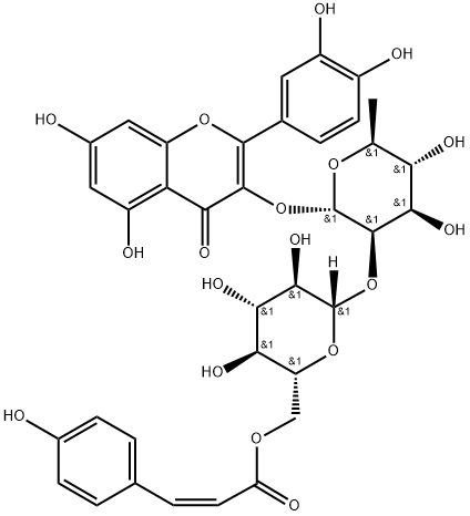 4H-1-Benzopyran-4-one, 3-[[6-deoxy-2-O-[6-O-[(2Z)-3-(4-hydroxyphenyl)-1-oxo-2-propen-1-yl]-β-D-glucopyranosyl]-α-L-mannopyranosyl]oxy]-2-(3,4-dihydroxyphenyl)-5,7-dihydroxy- 结构式