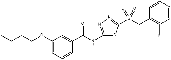 3-butoxy-N-(5-((2-fluorobenzyl)sulfonyl)-1,3,4-thiadiazol-2-yl)benzamide3-Butoxy-N-(5-((2-fluorobenzyl)sulphonyl)-1,3,4-thiadiazole-2-yl)benzamide 结构式