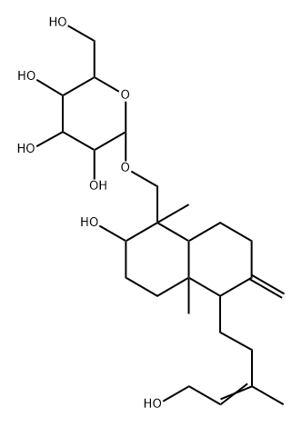 (1S,8aβ)-Decahydro-1,4aα-dimethyl-6-methylene-1β-[(β-D-glucopyranosyloxy)methyl]-5α-[(E)-5-hydroxy-3-methyl-3-pentenyl]naphthalen-2α-ol 结构式