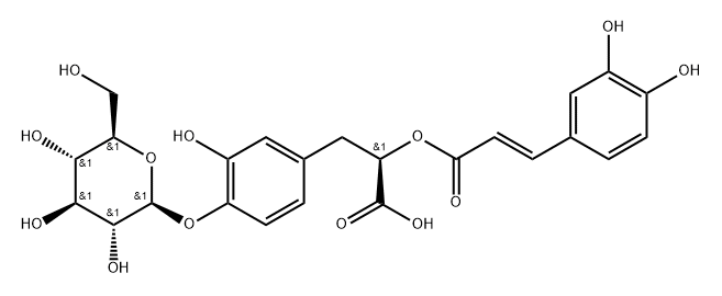 Benzenepropanoic acid, α-[[(2E)-3-(3,4-dihydroxyphenyl)-1-oxo-2-propen-1-yl]oxy]-4-(β-D-glucopyranosyloxy)-3-hydroxy-, (αR)- 结构式