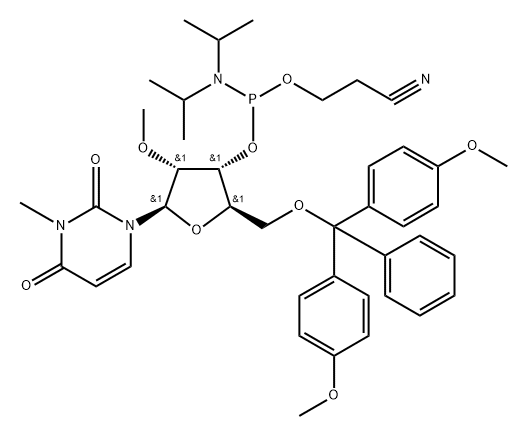 Uridine, 5'-?O-?[bis(4-?methoxyphenyl)?phenylmethyl]?-?3-?methyl-?2'-?O-?methyl-?, 3'-?[2-?cyanoethyl bis(1-?methylethyl)?phosphoramidite] (9CI) 结构式