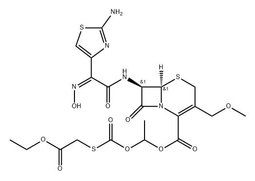 1-((((2-ETHOXY-2-OXOETHYL)THIO)CARBONYL)OXY)ETHYL (6R,7R)-7-((Z)-2-(2-AMINOTHIAZOL-4-YL)-2-(HYDROXYIMINO)ACETAMIDO)-3-(METHOXYMETHYL)-8-OXO-5-THIA-1-AZABICYCLO[ 结构式