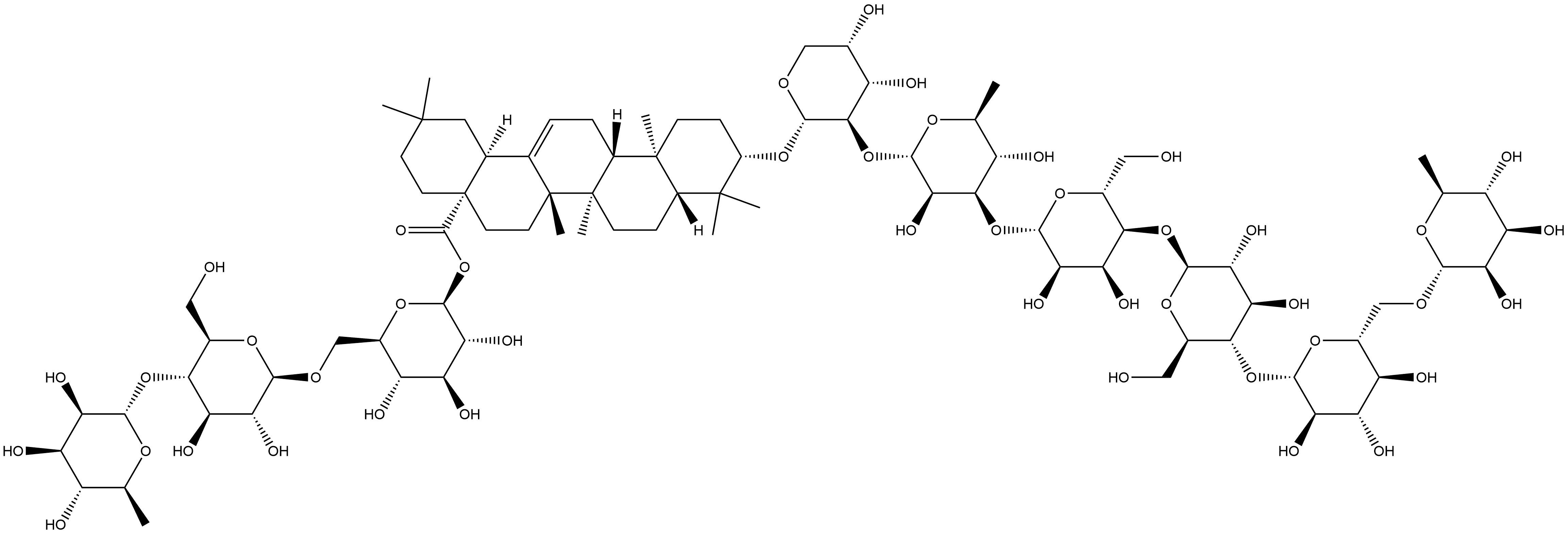 Olean-12-en-28-oic acid, 3-[(O-6-deoxy-α-L-mannopyranosyl-(1→6)-O-β-D-glucopyranosyl-(1→4)-O-β-D-glucopyranosyl-(1→4)-O-β-D-allopyranosyl-(1→3)-O-6-deoxy-α-L-mannopyranosyl-(1→2)-α-L-arabinopyranosyl)oxy]-, O-6-deoxy-α-L-mannopyranosyl-(1→4)-O-β-D-glucopyranosyl-(1→6)-β-D-glucopyranosyl ester, (3β)- 结构式