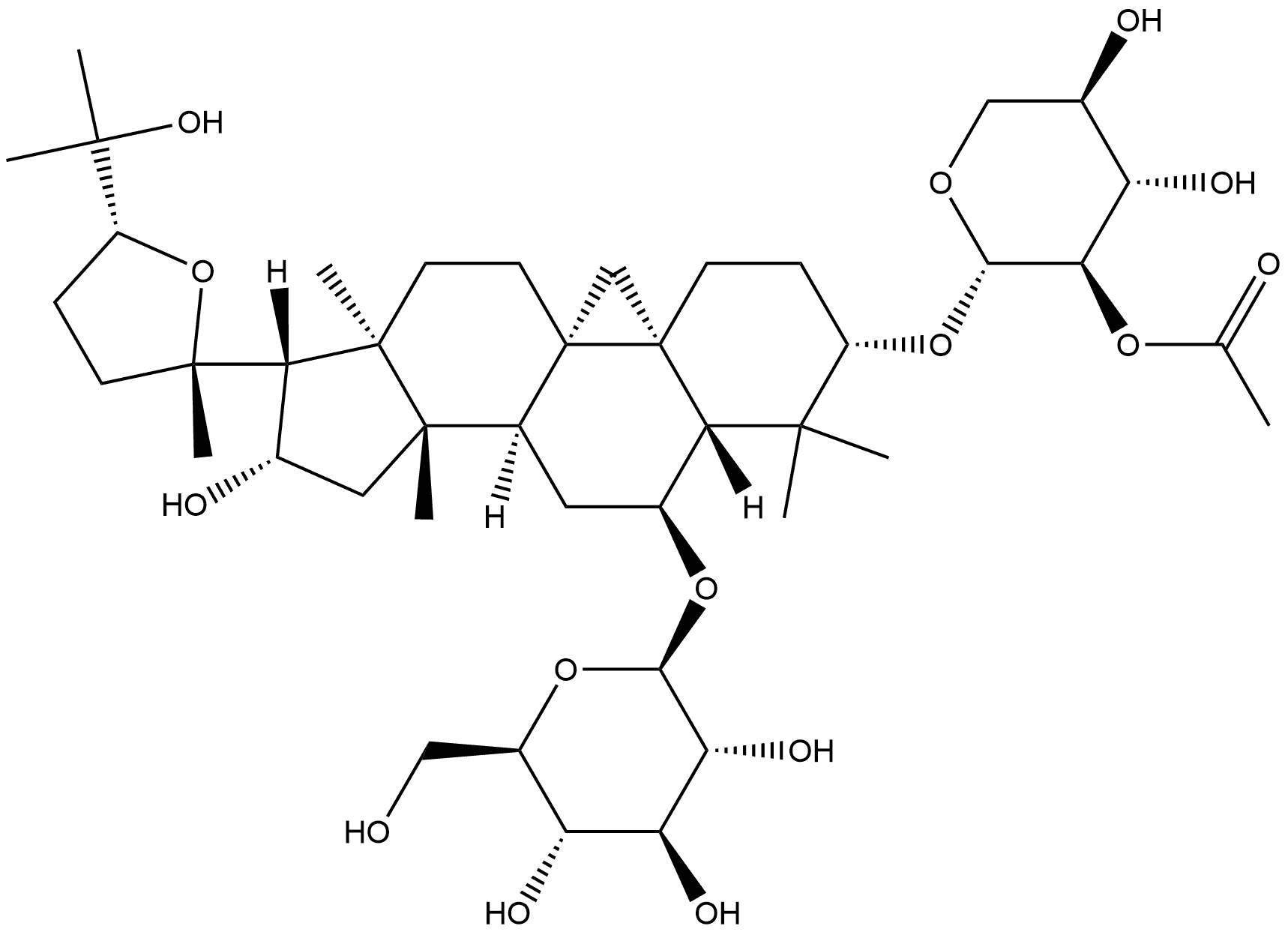 β-D-Glucopyranoside, (3β,6α,16β,24R)-3-[(2-O-acetyl-β-D-xylopyranosyl)oxy]-20,24-epoxy-16,25-dihydroxy-9,19-cyclolanostan-6-yl (9CI) 结构式