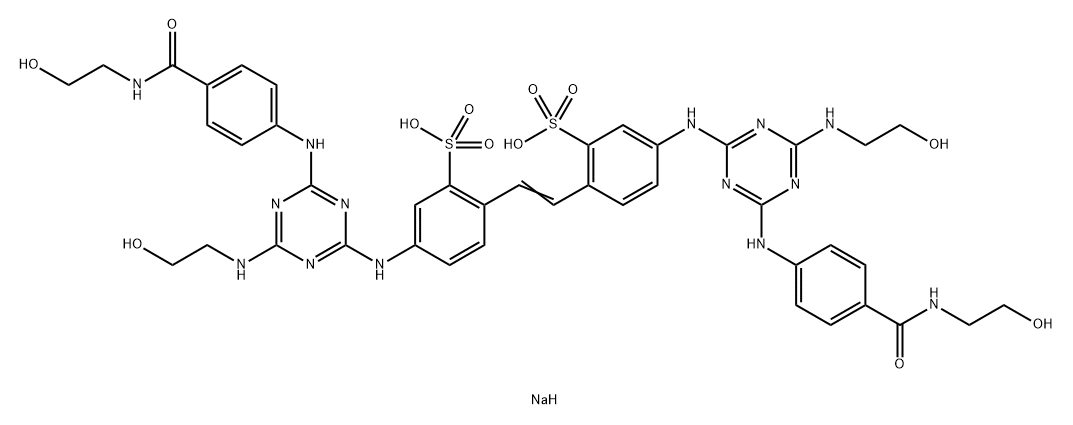 2,2'-(1,2-Ethenediyl)bis[5-[[4-[(2-hydroxyethyl)amino]-6-[[4-[[(2-hydroxyethyl)amino]carbonyl]phenyl]amino]-1,3,5-triazin-2-yl]amino] benzenesulfonic acid disodium salt 结构式