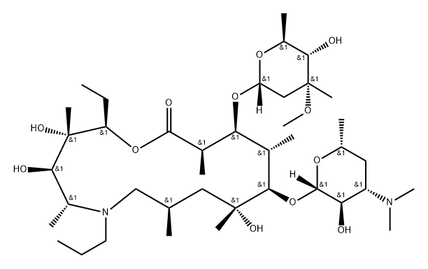 (2R,3S,4R,5R,8R,10R,11R,12S,13S,14R)-11-(((2S,3R,4S,6R)-4-(Dimethylamino)-3-hydroxy-6-methyltetrahydro-2H-pyran-2-yl)oxy)-2-ethyl-3,4,10-trihydroxy-13-(((2R,4R,5S,6S)-5-hydroxy-4-methoxy-4,6-dimethyltetrahydro-2H-pyran-2-yl)oxy)-3,5,8,10,12,14-hexamethyl-6-propyl-1-oxa-6-azacyclopentadecan-15-one 结构式