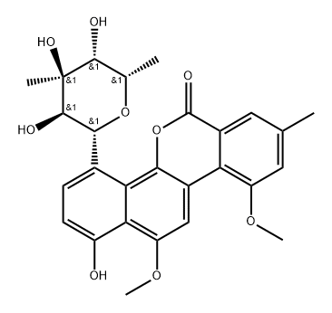 10,12-Dimethoxy-1-hydroxy-8-methyl-4-(3-C-methyl-6-deoxy-β-L-glucopyranosyl)-6H-benzo[d]naphtho[1,2-b]pyran-6-one 结构式