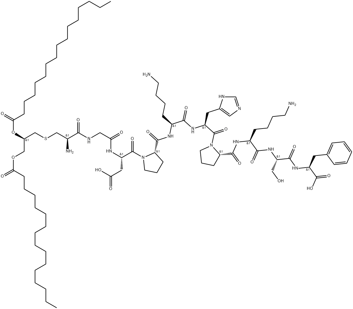 L-Phenylalanine, S-[(2R)-2,3-bis[(1-oxohexadecyl)oxy]propyl]-L-cysteinylglycyl-L-α-aspartyl-L-prolyl-L-lysyl-L-histidyl-L-prolyl-L-lysyl-L-seryl- 结构式