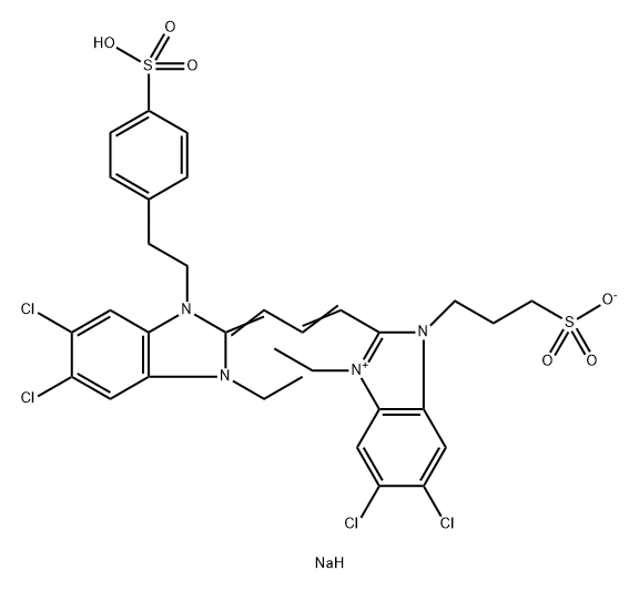 3-[5,6-二氯-2-[3-[5,6-二氯-1-乙基-3-(4-磺酸根苯乙基)苯并咪唑啉-2-亚基]-1-丙烯基]-1-乙基-3-苯并咪唑啉基]-丙磺酸钠 结构式