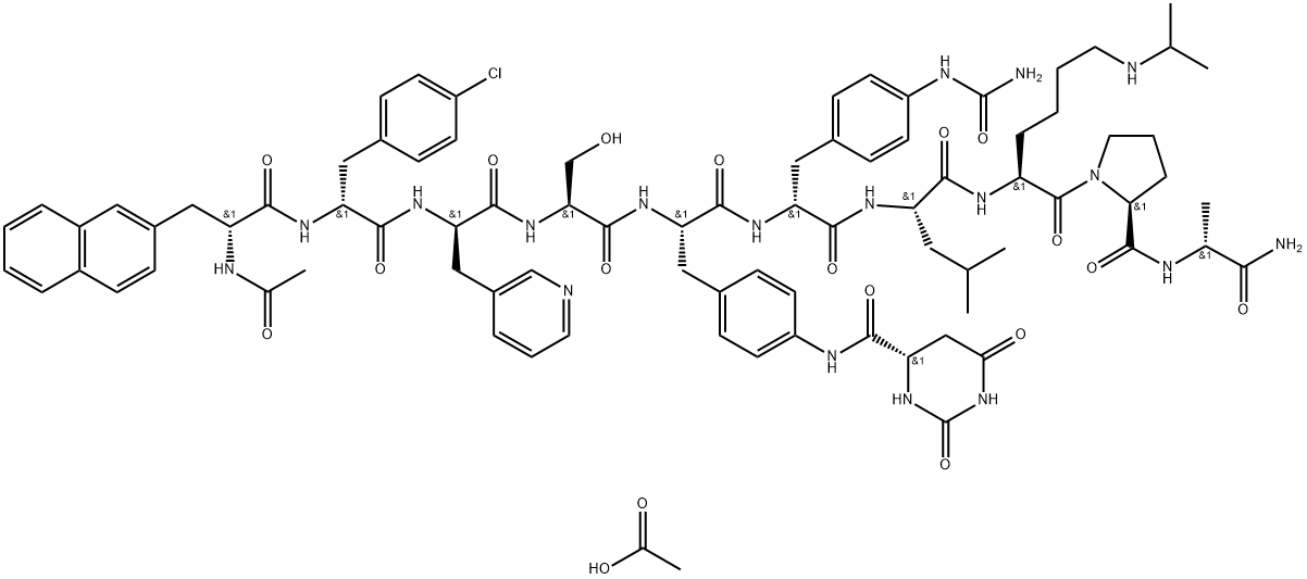 N-乙酰基-3-(萘-2-基)-D-丙氨酰基-4-氯-D-苯丙氨酰基-3-(吡啶-3-基)-D-丙氨酰基-L-丝氨酸-4-((((4S)-2,6-二氧六氢嘧啶-4-基)羰基)氨基)-L-苯丙氨酰基-4-(氨基甲酰基氨基)-D-苯丙氨酰基-L-亮氨酰-N6-(1-甲基乙基)-L-赖氨酰-L-脯氨酰-D-丙氨酰胺乙酸盐水合物 结构式