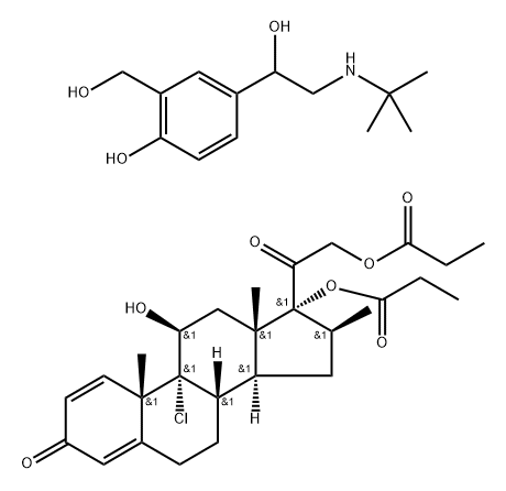 [2-[(8S,10S,11S,13S,14S,16S,17R)-9-chloro-11-hydroxy-10,13,16-trimethy l-3-oxo-17-propanoyloxy-6,7,8,11,12,14,15,16-octahydrocyclopenta[a]phe nanthren-17-yl]-2-oxo-ethyl] propanoate, 2-(hydroxymethyl)-4-[1-hydrox y-2-(tert-butylamino)ethyl]phenol 结构式