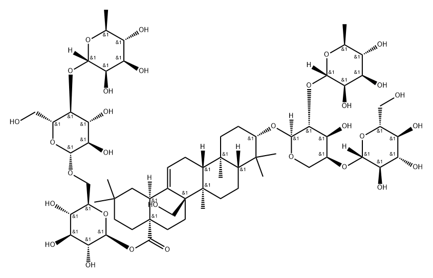 3-O-Α-L-RHAMNOPYRANOSYL (1→2)[Β-D-GLUCOPYRANOSYL (1→4)]-Α-L-ARABINOPYRANOSYL-27-HYDROXYOLEANOLIC ACID 28-O-Α-L-RHAMNOPYRANOSYL (1→4)-Β-D-GLUCOPYRANOSYL (1→6)-Β-D-GLUCOPYRANOSIDE 结构式