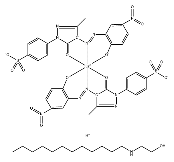 trihydrogen bis[4-[4,5-dihydro-4-[(2-hydroxy-5-nitrophenyl)azo]-3-methyl-5-oxo-1H-pyrazol-1-yl]benzene-1-sulphonato(3-)]chromate(3-) , compound with 2-(dodecylamino)ethanol (1:3) 结构式