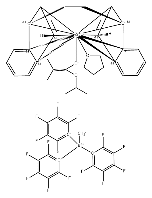 Zirconium(1+), [(7aR,7'aR)-1,2-ethanediylbis[(1,2,3,3a,7a-η)-1H-inden-1-ylidene]][2-methyl-1-(1-methylethoxy)-1-propen-1-olato-κO](tetrahydrofuran)-, (T-4)-methyltris(2,3,4,5,6-pentafluorophenyl)borate(1-) (1:1) 结构式