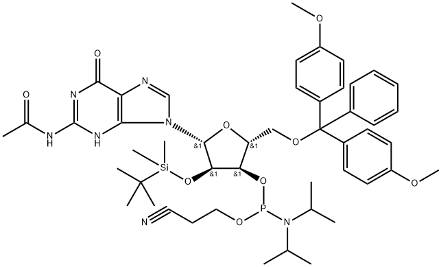 N-乙酰基-5'-O-[二(4-甲氧基苯基)苯基甲基]-2'-O-[(叔丁基)二甲基硅烷基]鸟苷 3'-[2-氰基乙基 N,N-二(异丙基)氨基亚磷酸酯] 结构式