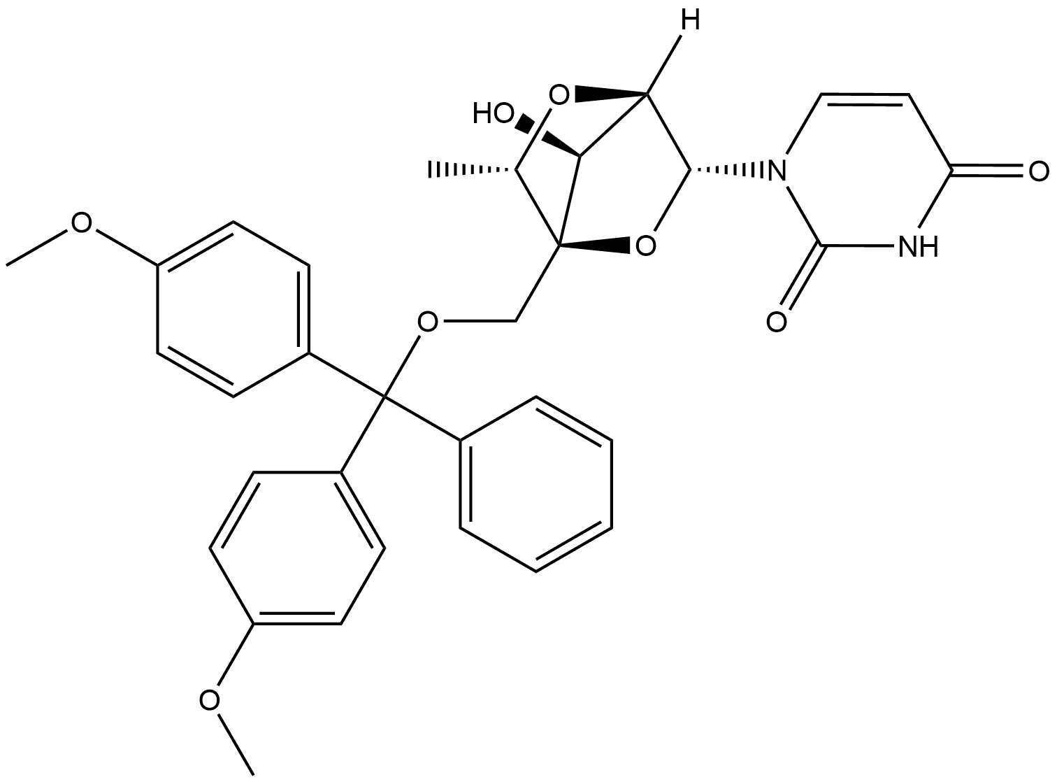 2,4(1H,3H)-Pyrimidinedione, 1-[2,5-anhydro-4-C-[[bis(4-methoxyphenyl)phenylmethoxy]methyl]-6-deoxy-α-L-mannofuranosyl]- 结构式