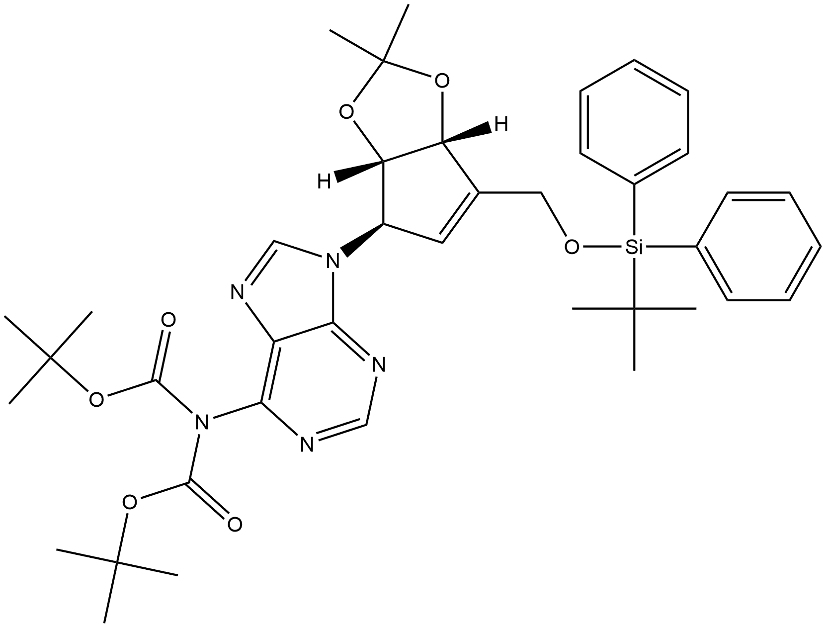 Imidodicarbonic acid, 2-[9-[(3aS,4R,6aR)-6-[[[(1,1-dimethylethyl)diphenylsilyl]oxy]methyl]-3a,6a-dihydro-2,2-dimethyl-4H-cyclopenta-1,3-dioxol-4-yl]-9H-purin-6-yl]-, 1,3-bis(1,1-dimethylethyl) ester 结构式