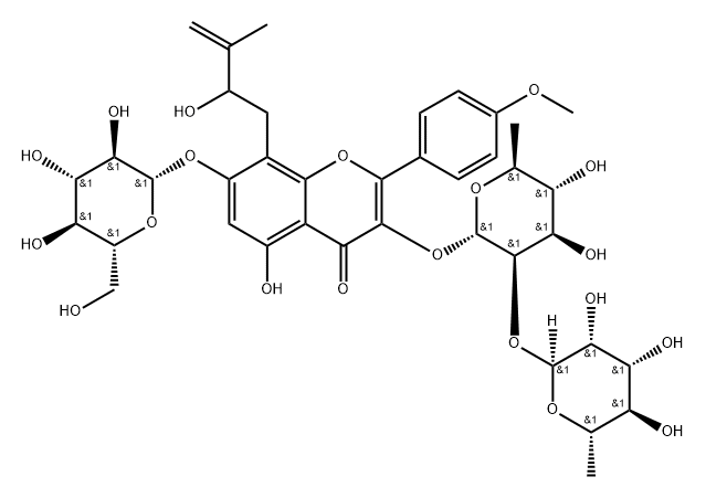 4H-1-Benzopyran-4-one, 3-[[6-deoxy-2-O-(6-deoxy-α-L-mannopyranosyl)-α-L-mannopyranosyl]oxy]-7-(β-D-glucopyranosyloxy)-5-hydroxy-8-(2-hydroxy-3-methyl-3-buten-1-yl)-2-(4-methoxyphenyl)- 结构式