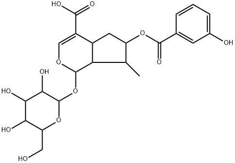 (1S)-1α-(β-D-Glucopyranosyloxy)-1,4aα,5,6,7,7aα-hexahydro-6β-(3-hydroxybenzoyloxy)-7α-methylcyclopenta[c]pyran-4-carboxylic acid 结构式