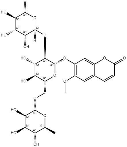 7-[(2S,3R,4S,5S,6R)-4,5-Dihydroxy-3-[(2R,3R,4R,5R,6S)-3,4,5-trihydroxy-6-methyloxan-2-yl]oxy-6-[[(2R,3R,4R,5R,6S)-3,4,5-trihydroxy-6-methyloxan-2-yl]oxymethyl]oxan-2-yl]oxy-6-methoxychromen-2-one 结构式